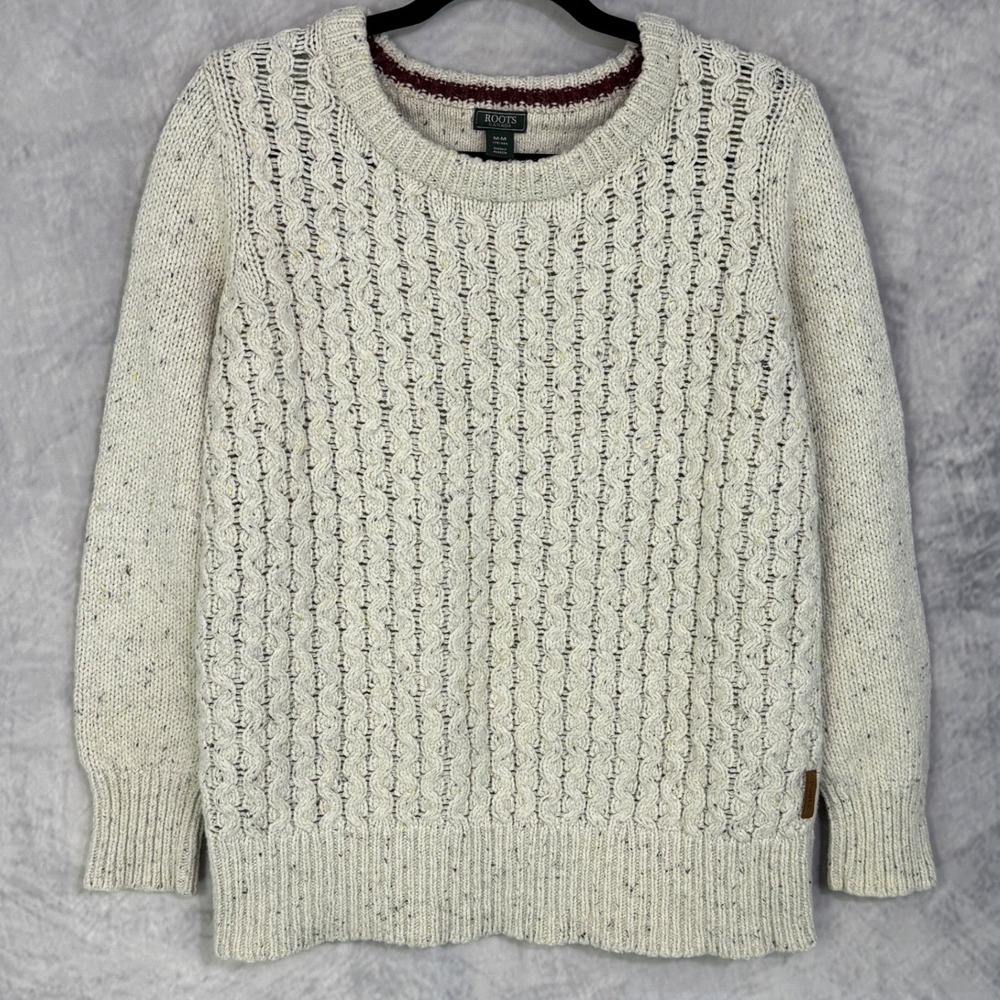 Roots Canada Chunky Cable Knit Sweater Womens sz M Oatmeal Wool Blend preppy